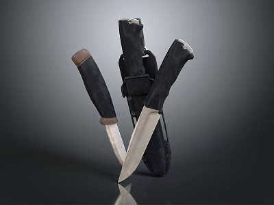 Three Tactical Knives As Weapons Featuring Black Handles And Sheath Design 3d model