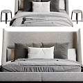 Modern Double Bed With Gray Upholstered Headboard White Gray Pillows And Side Stools 3d model
