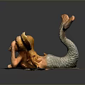 Elegant Mermaid Sculpture With Flowing Golden Hair Holding Large Seashell And Orange Blue Tail