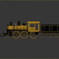 Yellow Steam Train Model With Black Cargo Car And Details On Gray Background