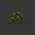Scenic Landscape Featuring Circular Grassy Platform Brown Vine Arch Green Leaf Decorations And Small Plants