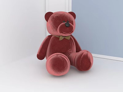 Red Velvet Teddy Bear With Green Bow Tie Sitting On White Surface Near Window 3d model
