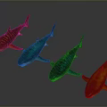 Colorful Sharks in Red Blue Green and Orange Hues Arranged on Gray Surface