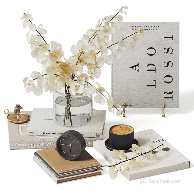 Home Decorative Ornament Set with Vase White Flowers Books Clock and Coffee Cup 3d model 