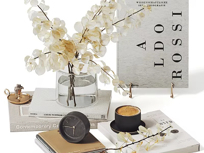 Home Decorative Ornament Set with Vase White Flowers Books Clock and Coffee Cup 3d model
