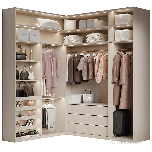 Modern Wardrobe Interior With Hanging Clothes Folded Clothes Bags Shoes And Drawers 3d model 