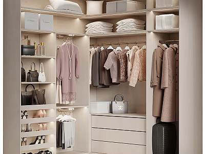 Modern Wardrobe Interior With Hanging Clothes Folded Clothes Bags Shoes And Drawers 3d model