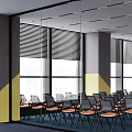 Modern Conference Room With Glass Walls Blinds Blackboard Orange Seats Blue Floor And Yellow Decorations