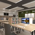 Modern Public Office Space with Bookshelves Computer Monitors and Green Plant Wall