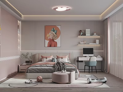Modern Kids Bedroom With Bed Decorative Painting Desk And Toys 3d model