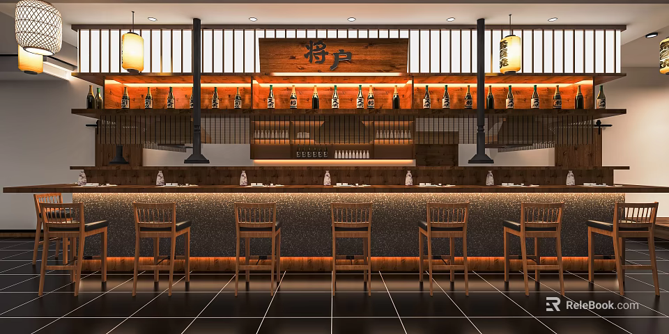 Japanese Restaurant Interior With Wooden Bar Counter Lanterns Bottles And Chairs 3d model 
