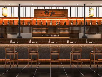 Japanese Restaurant Interior With Wooden Bar Counter Lanterns Bottles And Chairs 3d model