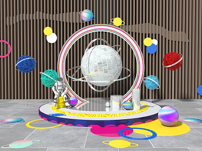 Space Themed Display With Globe Model Colorful Planet Decor And Astronaut Figure 3d model