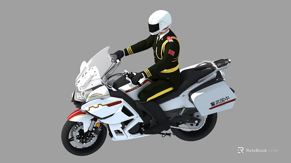 Uniformed Police Officer Riding White Motorcycle With Red Yellow Stripes And White Helmet 3d model 