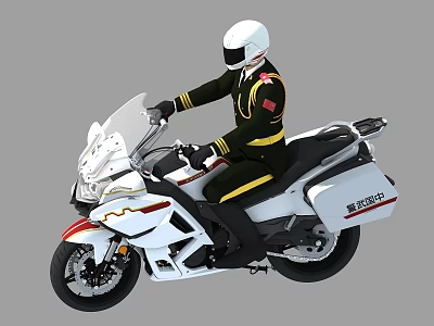Uniformed Police Officer Riding White Motorcycle With Red Yellow Stripes And White Helmet 3d model