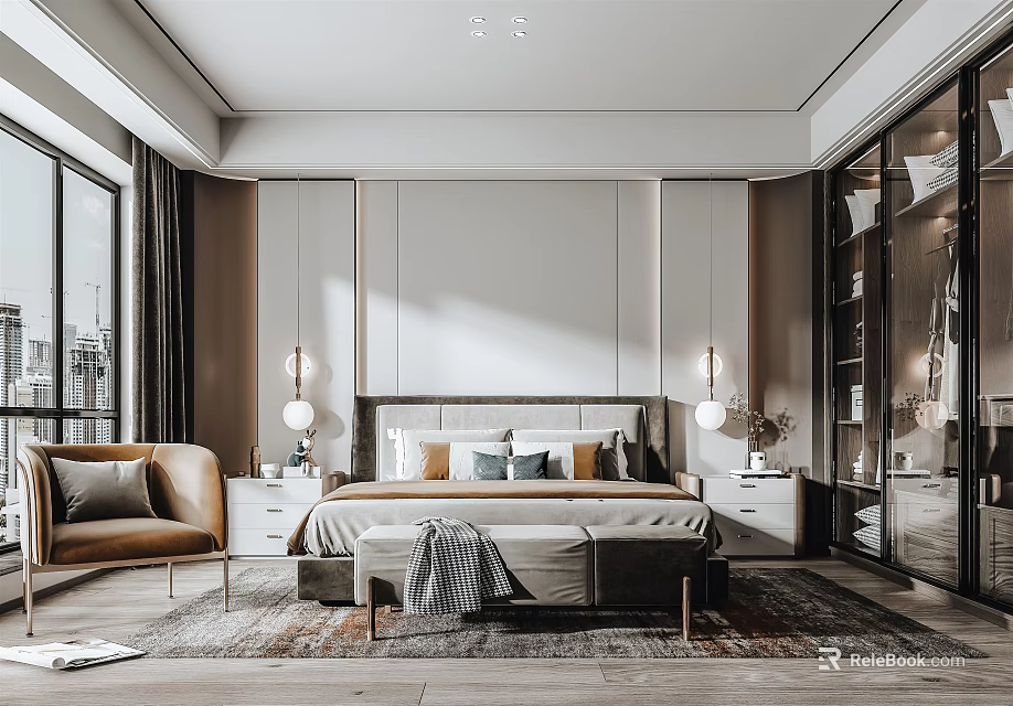 Modern Bedroom Interior Design With Large Bed Pillows Nightstands Table Lamps And Accent Chair 3d model 