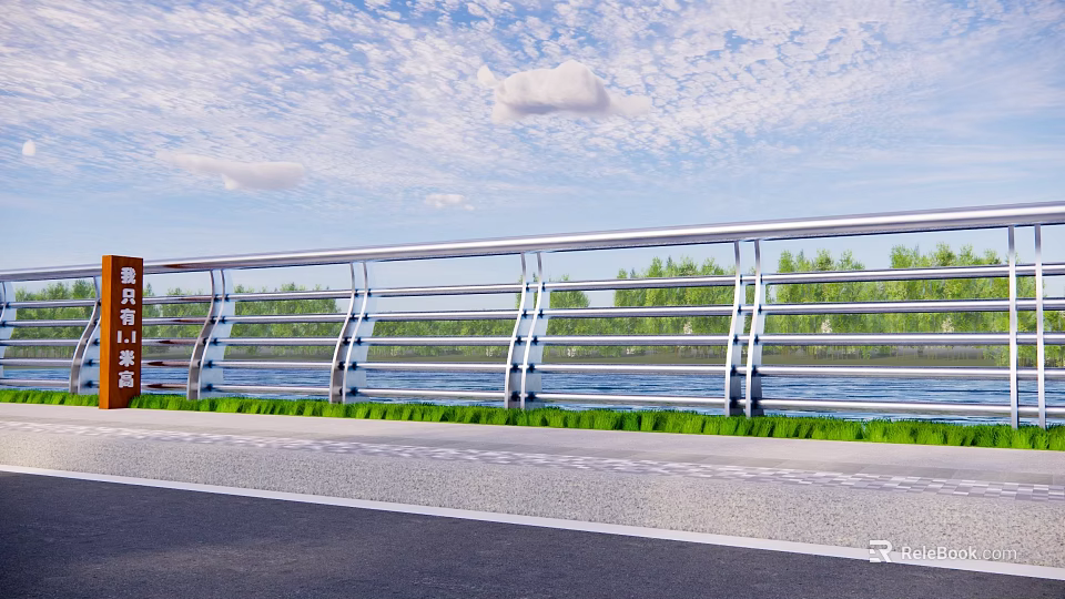 Metal Railing With Glass Panels Along Riverside Road And Green Vegetation 3d model 