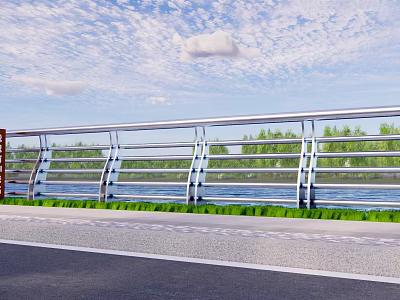 Metal Railing With Glass Panels Along Riverside Road And Green Vegetation 3d model