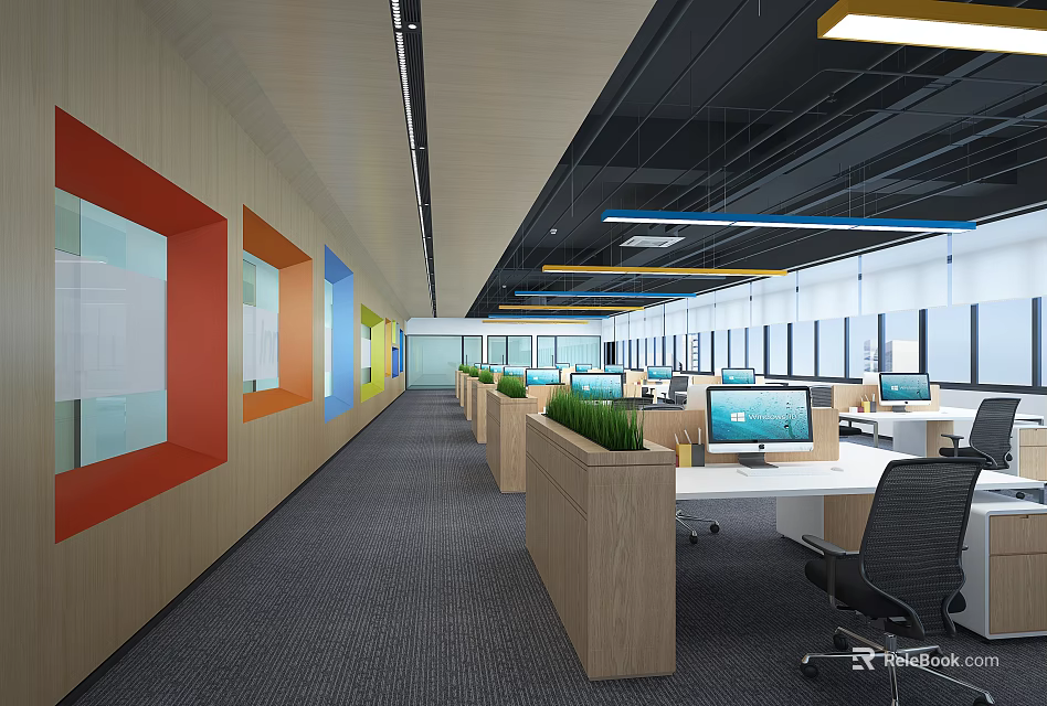 Modern Public Office Interior With Multiple Workstations Computers Wooden Partitions Natural Light And Green Plants 3d model 