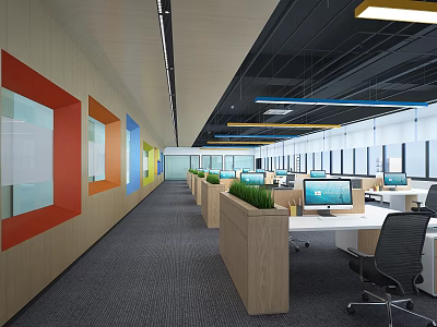 Modern Public Office Interior With Multiple Workstations Computers Wooden Partitions Natural Light And Green Plants 3d model