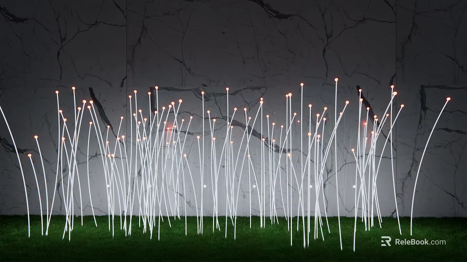 Outdoor Lights with White Slender Poles Illuminated Tops on Green Grass Dark Textured Wall 3d model 