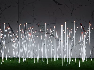 Outdoor Lights with White Slender Poles Illuminated Tops on Green Grass Dark Textured Wall 3d model