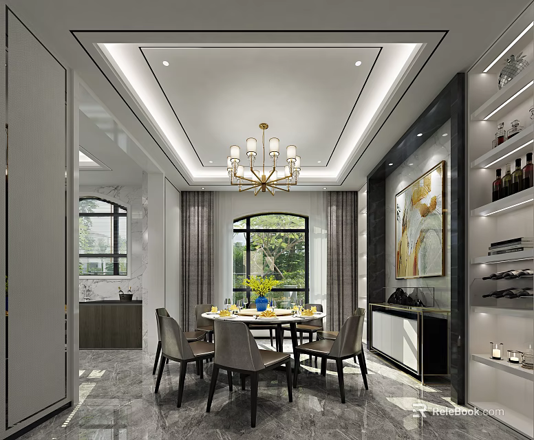 Modern Restaurant Interior With Chandelier Dining Table Chairs And Wine Rack 3d model 