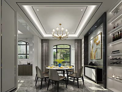 Modern Restaurant Interior With Chandelier Dining Table Chairs And Wine Rack 3d model