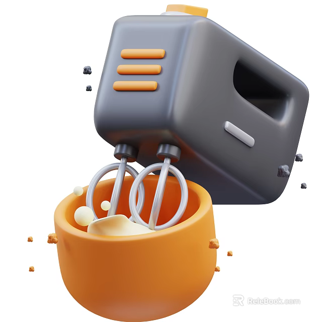 3D Style Kitchen Mixer In Orange Bowl With White Mixture And Splattered Cubes 3d model 