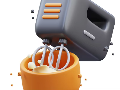 3D Style Kitchen Mixer In Orange Bowl With White Mixture And Splattered Cubes 3d model