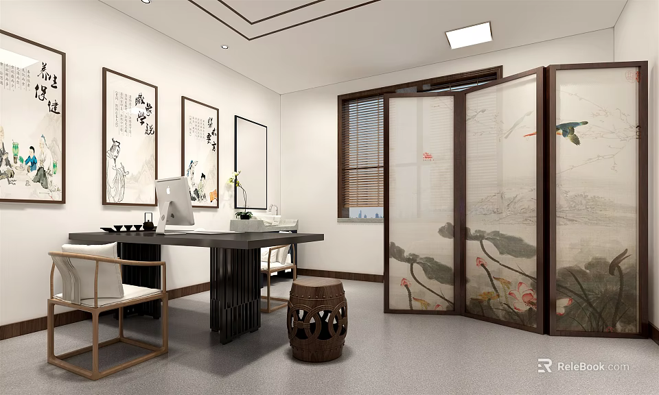 Chinese Style Study Room Interior With Lotus Screen Calligraphy Paintings And Wooden Desk 3d model 
