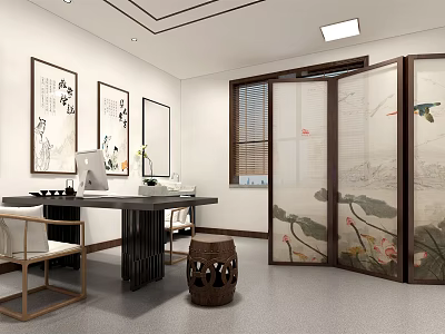 Chinese Style Study Room Interior With Lotus Screen Calligraphy Paintings And Wooden Desk 3d model