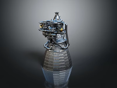 Rocket Engine Model With Complex Pipes Structure Conical Base Grid Texture Metallic Finish Dark Background 3d model
