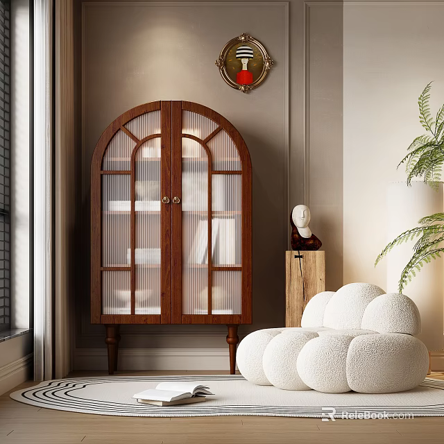 Wooden Arched Glass Door Bookcase With Books Decorative Sculpture And Green Plant 3d model 
