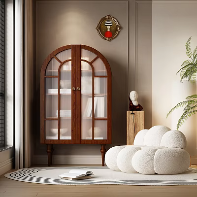 Wooden Arched Glass Door Bookcase With Books Decorative Sculpture And Green Plant 3d model