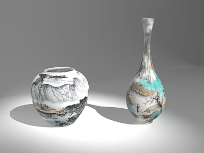 Ceramic Vases Round And Tall Slender With Landscape Patterns In Turquoise Beige Black White Hues 3d model