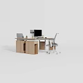 Modern Office Desk and Chair Set With Wooden Table Computer Monitor Keyboard and Small Plants