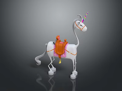 Cute Toy Unicorn Figure With White Body Orange Saddle Pink Decoration And Colorful Striped Horn 3d model