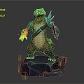Green Head Otter Game Character With Brown Body Flaming Claw Holding Dagger On Blue Rock