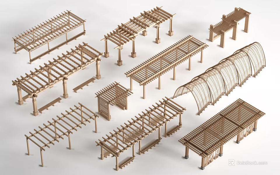 Multiple Wooden Pergola Models Featuring Various Architectural Designs And Structures 3d model 