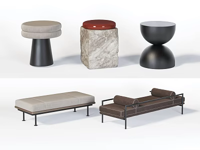 Modern Design Stools And Benches With Marble Upholstered Seats And Metal Frames 3d model