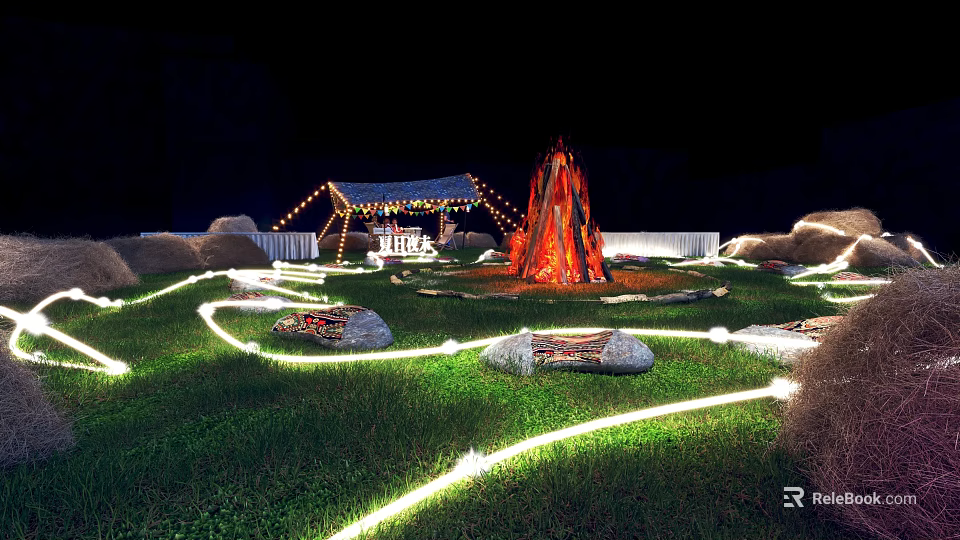 Night Garden Landscape with Illuminated Pathways Volcano Fire Pit Stones and Tent with String Lights 3d model 