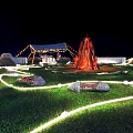 Night Garden Landscape with Illuminated Pathways Volcano Fire Pit Stones and Tent with String Lights