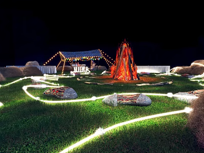 Night Garden Landscape with Illuminated Pathways Volcano Fire Pit Stones and Tent with String Lights 3d model