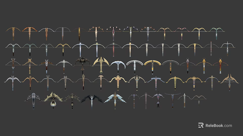 Various Types of Weapons Including Swords Axes and Daggers in Display Collection 3d model 