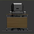 Wooden Desk With Old Fashioned Computer Monitor Black Leather Chair And Wheels With Lower Cabinet