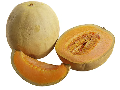 Fresh Honeydew Melon Whole And Sliced Half With Orange Flesh And Seeds 3d model
