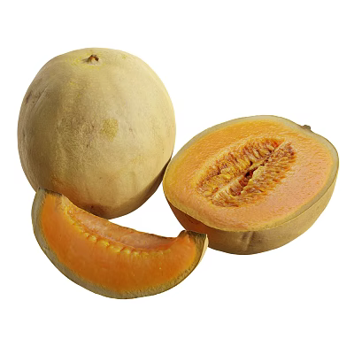 Fresh Honeydew Melon Whole And Sliced Half With Orange Flesh And Seeds 3d model
