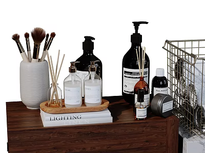 Modern Bathroom Set With Wooden Countertop Makeup Brushes Fragrance Bottles And Metal Basket 3d model