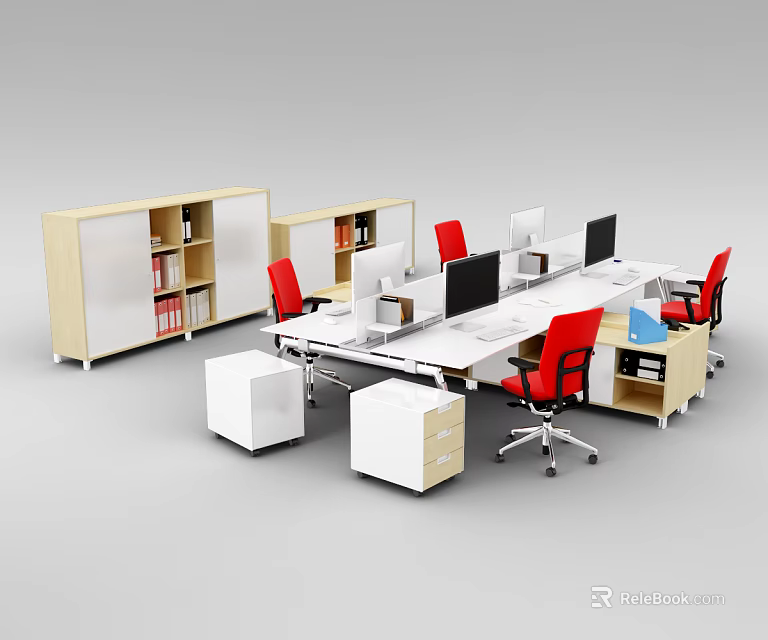Modern Office Desk Setup With Multiple Monitors Red Chairs Bookshelf And Storage Cabinets 3d model